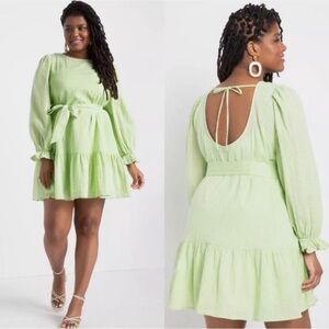 Eloquii Pale Lime Long-Sleeve Tiered Mini Dress